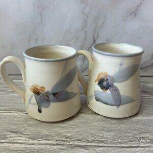 Ceramic Floral Ivory and Blue Coffee Mugs Signed